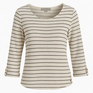 Carolyn Taylor XL Striped Knit Top Cream Black Nautical Breton 3/4 Sleeve Casual